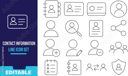 Contact information line icon set for business and communication editable stroke