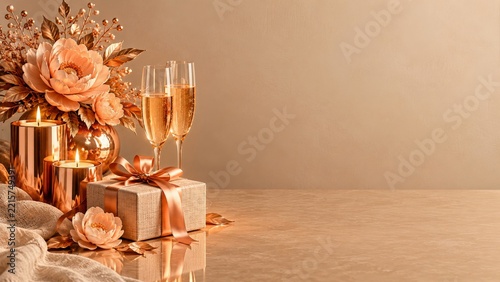 Peach Peonies and Copper Candlelight with Champagne and Linen Gift