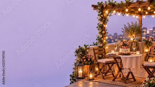 Romantic Terrace Table with Berry Cake and Glowing Pergola Lights