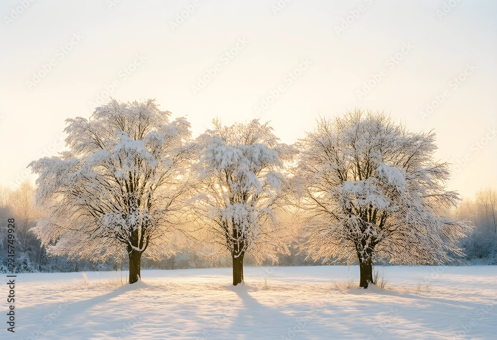 Naklejka premium Winter serenity and seasonal change, three snow covered trees in a frozen field at sunrise with golden light and peaceful nature landscape atmosphere