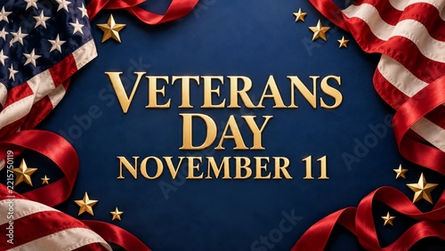 Veterans Day Greeting with Golden Lettering and American Flag Borders