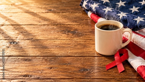 Coffee Mug and Draped American Flag on Sunlit Wooden Planks with Space