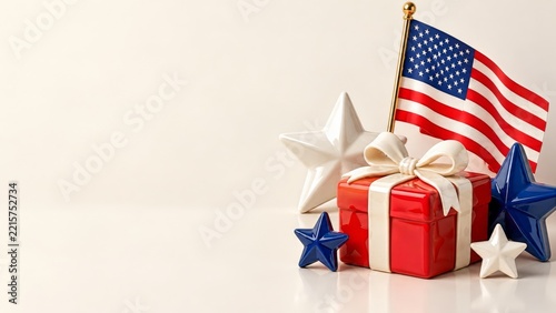 Glossy Red Gift with Ivory Bow Ceramic Stars and American Flag with Space