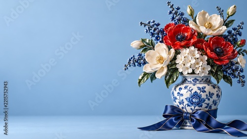 Porcelain Flower Bouquet in Blue White Vase with Navy Bow and Copy Space