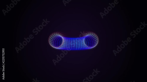 Abstract blue toroidal shapes morphing and changing in dark void with subtle lighting