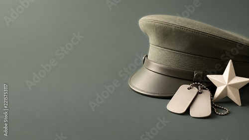 Military Peaked Cap Identification Tags and Ceramic Star on Muted Green