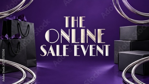 Cream Online Sale Event Lettering with Black Bags on a Purple Stage