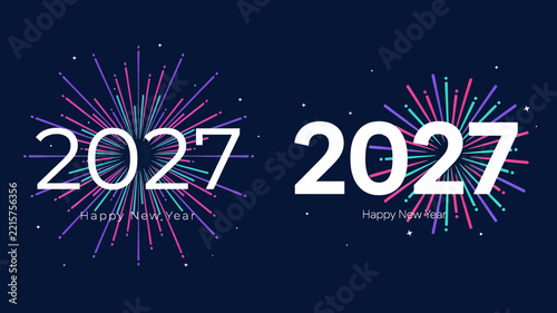 Happy New Year 2027 greeting card design with colorful firework bursts