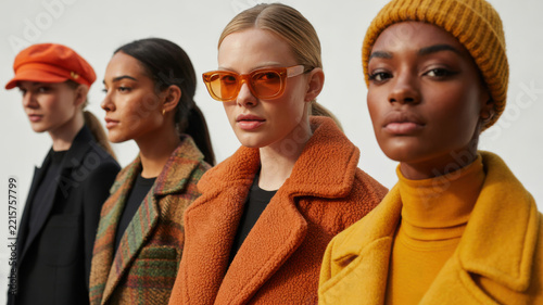Diverse women in fashionable fall coats and hats with autumn colors