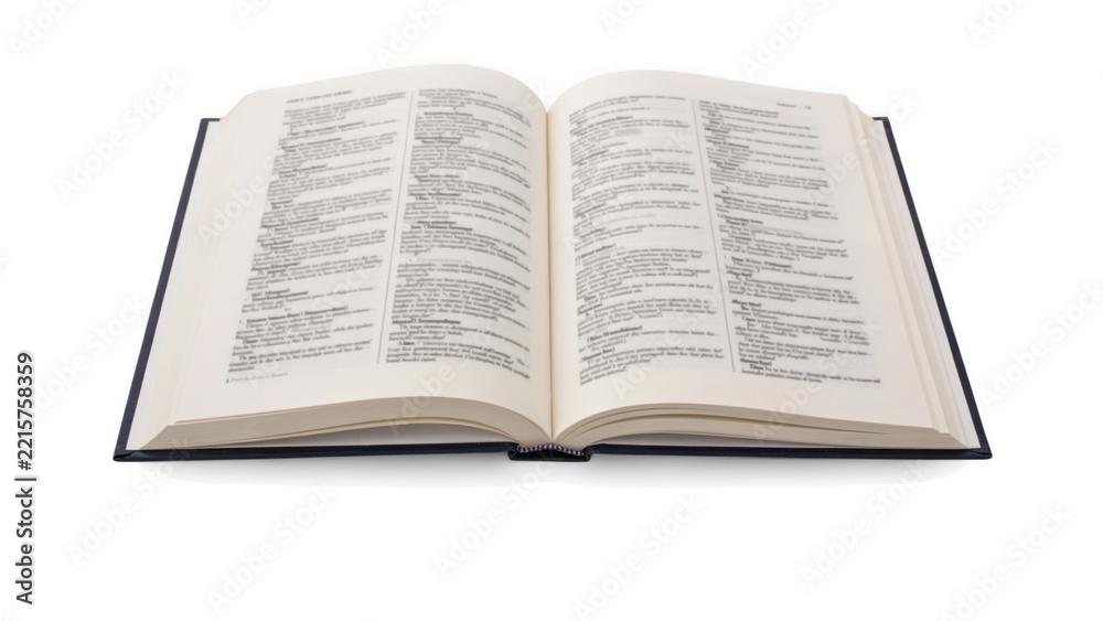 Fototapeta premium Open dictionary with text pages during studio lighting isolated on transparent background