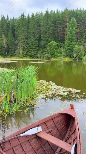 Wooden rowboat with oars resting on calm water surrounded by green grass and lily pads near a wooden dock in a serene natural setting