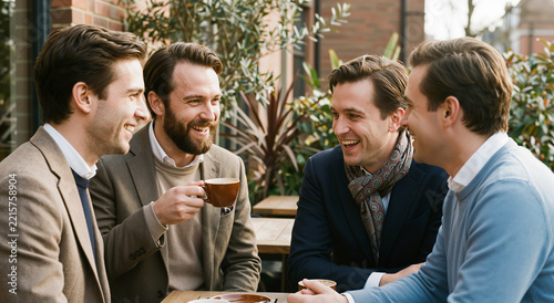 Group of Business Men Drinking Coffee and Laughing at Outdoor Cafe Terrace