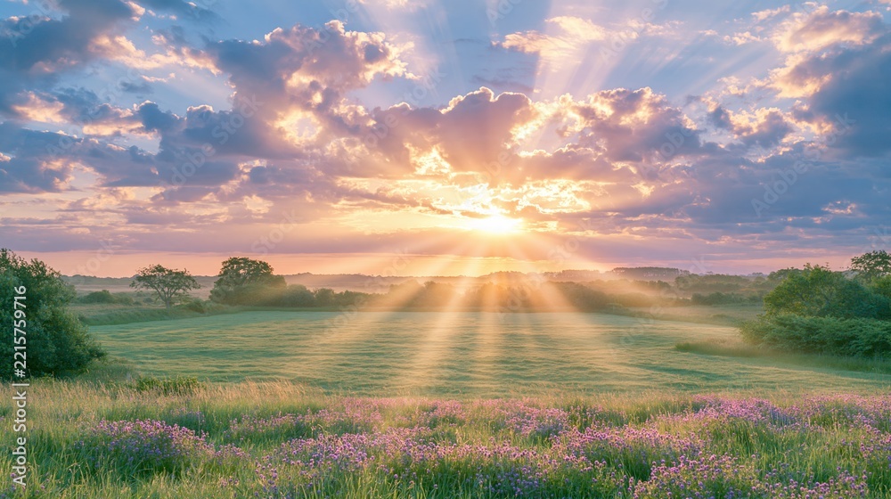 Naklejka premium Beautiful Sunrise Over Green Meadow With Purple Wildflowers and Sun Rays