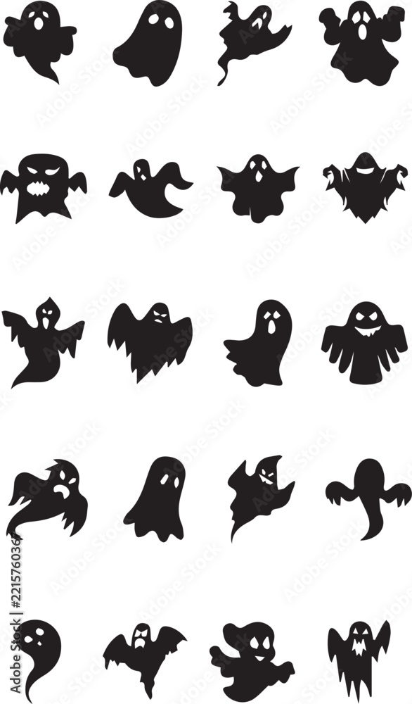 Obraz premium Spooky Halloween Ghost Silhouette Character Vector Icons Set