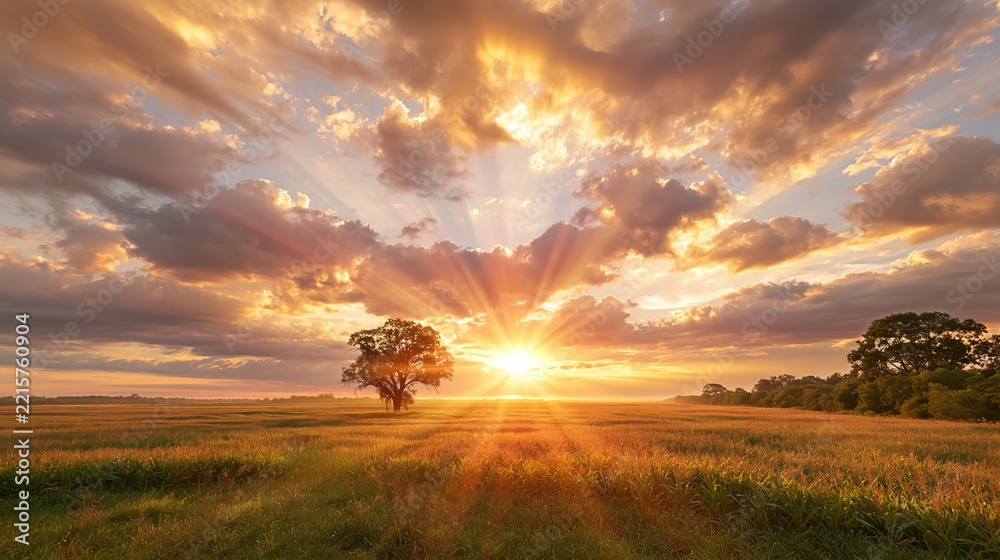 Naklejka premium Majestic Golden Sunset Over a Lone Tree in a Vast Green Meadow