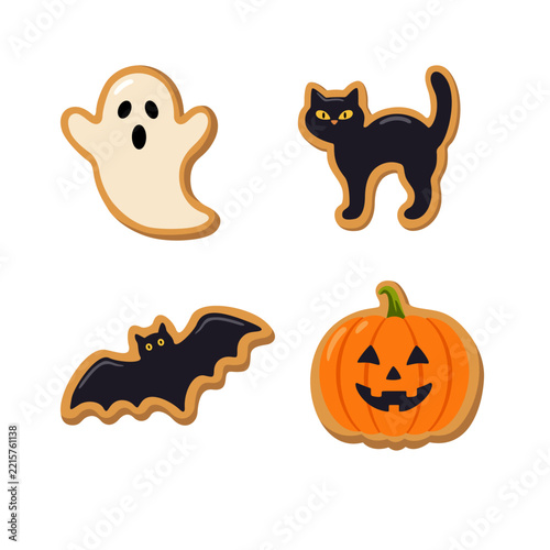Halloween gingerbread cookies set shaped like ghost, black cat, bat and pumpkin