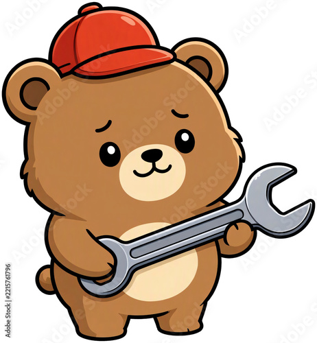 A bear wearing a mechanic's hat and holding a large wrench.