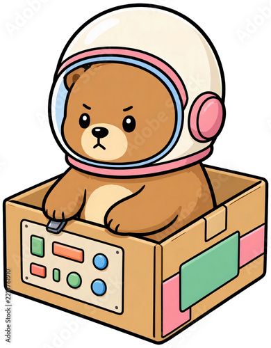 A bear wearing a miniature astronaut helmet.