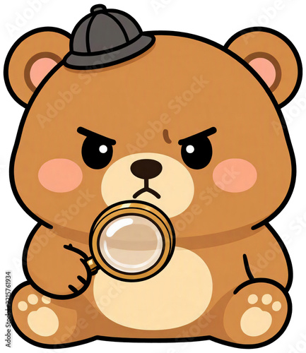 A bear wearing a detective hat and holding a magnifying glass.