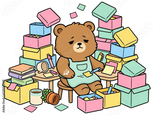The bear is organizing its messy desk with small storage boxes.