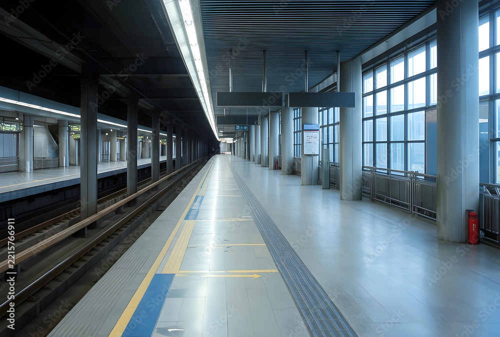 Fototapeta premium Public transportation infrastructure, empty subway station platform with modern architecture and morning light for urban commute and travel concepts