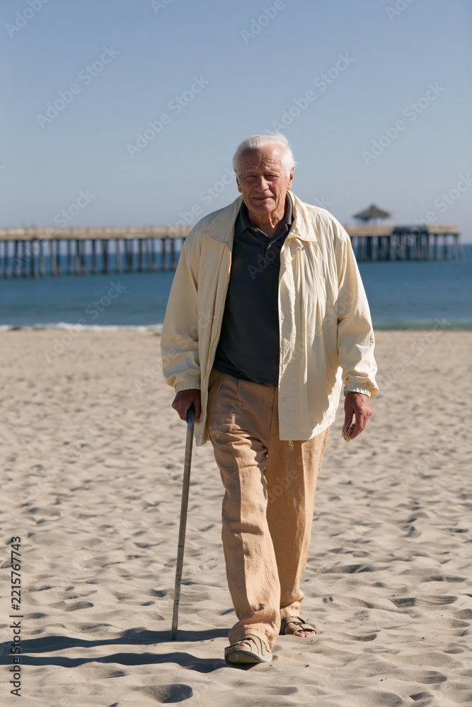 Fototapeta premium Elderly man walking toward camera on sandy beach with cane for portrait background and banner use