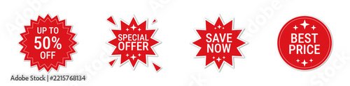 Set of red sale badges and promotional stickers for retail marketing