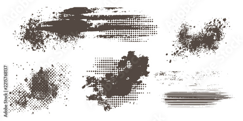 Abstract halftone grunge paint brush strokes and ink splatters collection vector illustration.