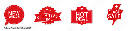 Set of red promotional sale badges and marketing labels for retail