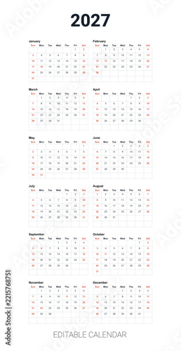 2027 Calendar, Minimal Yearly Organizer with Two Column Monthly Layout and Printable Design