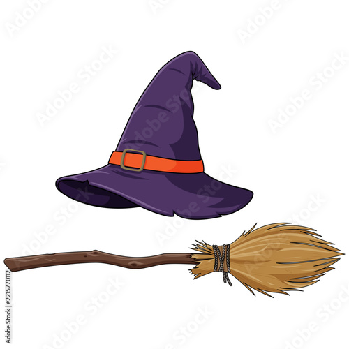 Witch Hat and Broom Set Isolated on White Background