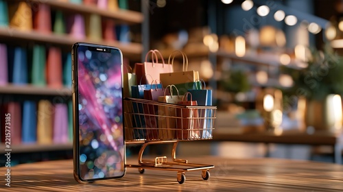 Shopping Cart Smartphone E-commerce, Online Shopping Concept