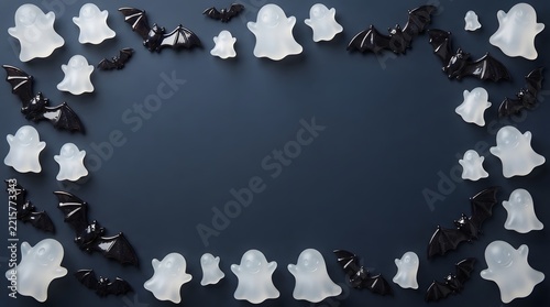 A spooky and delightful halloween scene featuring numerous white ghosts arranged around a dark atmospheric and eerie border