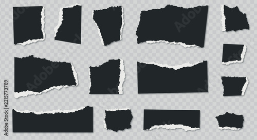 Torn black paper sheets collection on transparent background