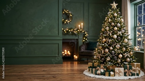 A beautifully decorated christmas scene featuring a glowing fireplace a majestic tree and a warm inviting holiday atmosphere for festive celebrations