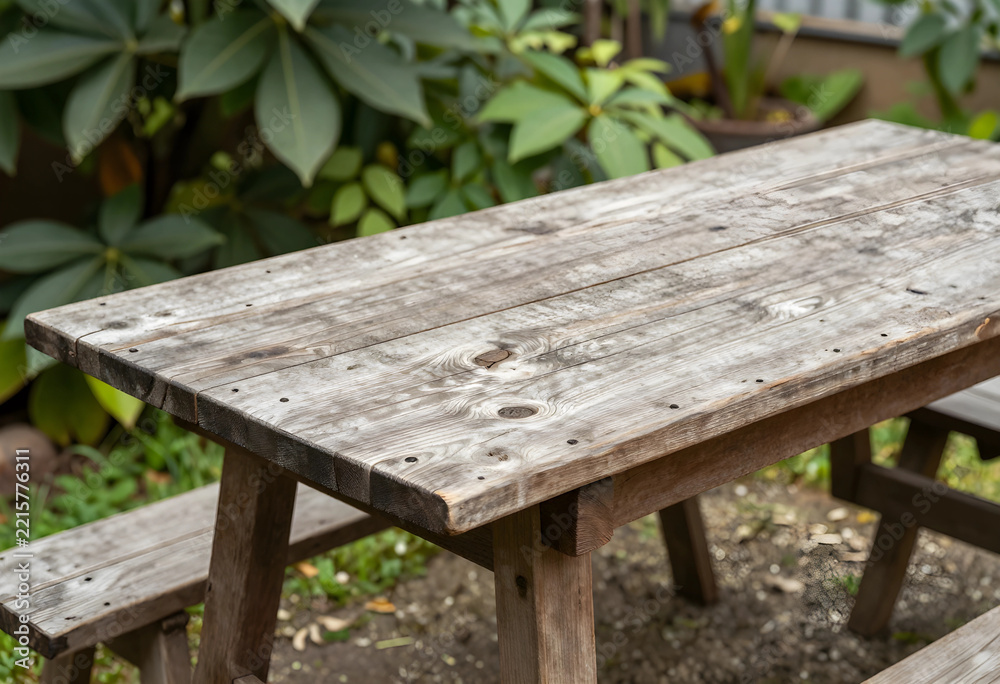 Naklejka premium Outdoor dining and rustic lifestyle, weathered wooden picnic table in a garden setting for summer gatherings and backyard social events