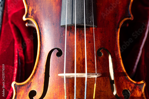 Fotografie Bridge, strings and soundboard of a Baroque violin