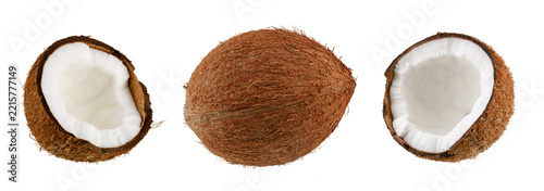 Flawlessly clean layout of whole brown coconut placed between two broken halves with organic pulp inside, minimal advertising template for vegan brand on studio white background.