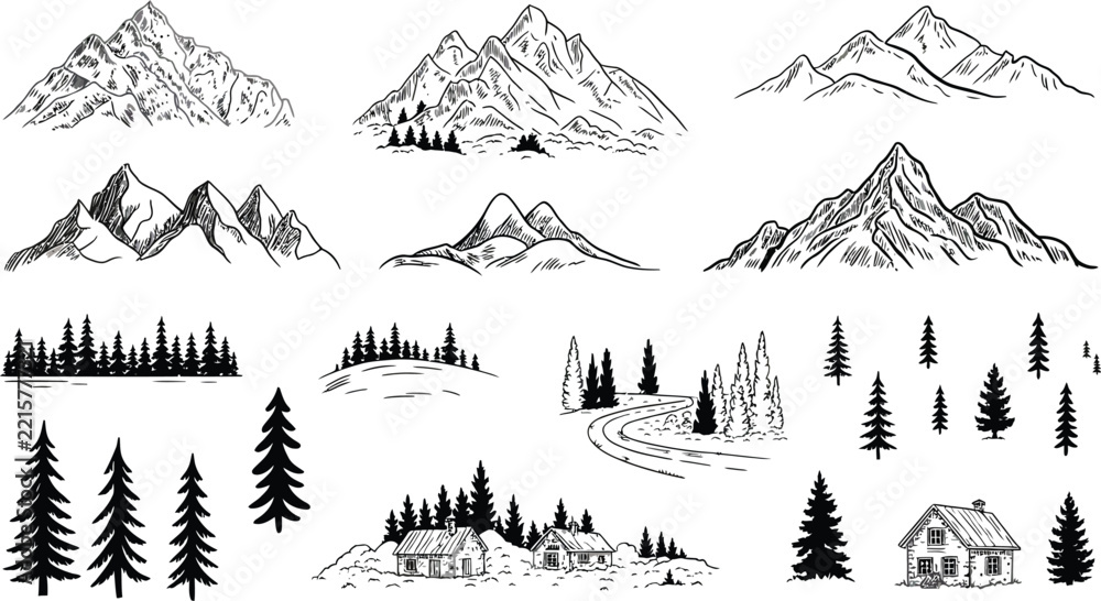 Fototapeta premium Vintage Mountain and Forest Landscape Vector Set with Hand Drawn Pine Trees, Cabins, Peaks, and Hills for Outdoor Adventure and Camping Designs