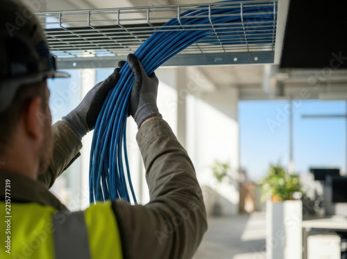 Worker pulling Ethernet cable through ceiling tray