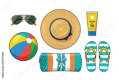 Set of colorful summer beach vacation accessories isolated on a white background.