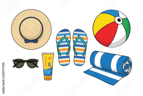 Set of colorful summer beach accessories including hat sunglasses sunscreen flip flops ball and towel.
