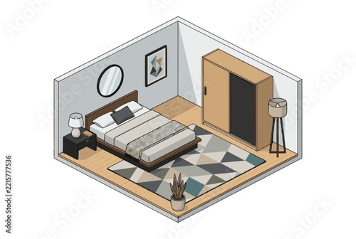 Isometric view of a modern bedroom interior with furniture and decor elements.