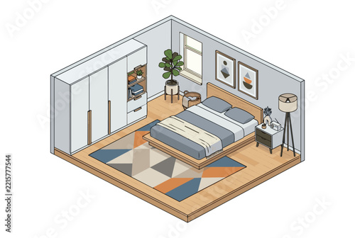 Isometric illustration of a modern bedroom interior with furniture and decor elements.