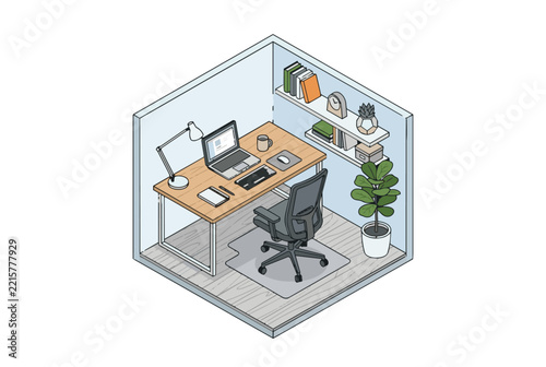 Isometric illustration of a modern home office workspace with desk and chair.