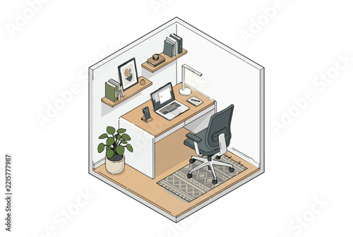 Isometric illustration of a modern home office workspace with desk and chair.