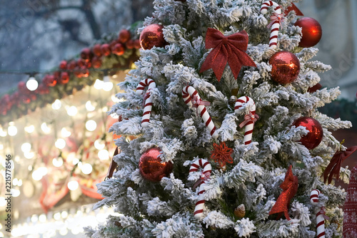 Christmas Tree Detail with Red Baubles and Candy Canes