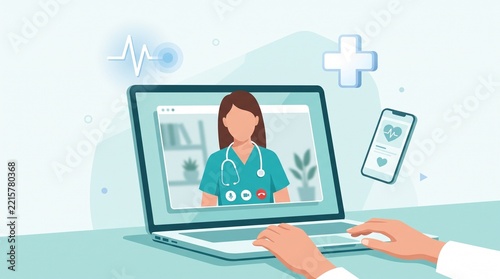 Telehealth online consultation with doctor on laptop flat vector design