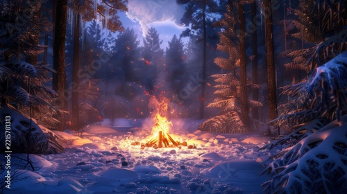 Glowing campfire in a snowy pine forest at twilight
