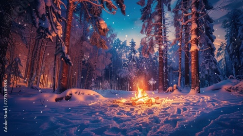 Snowy Forest Campfire Glowing Among Tall Trees During Falling Snow
